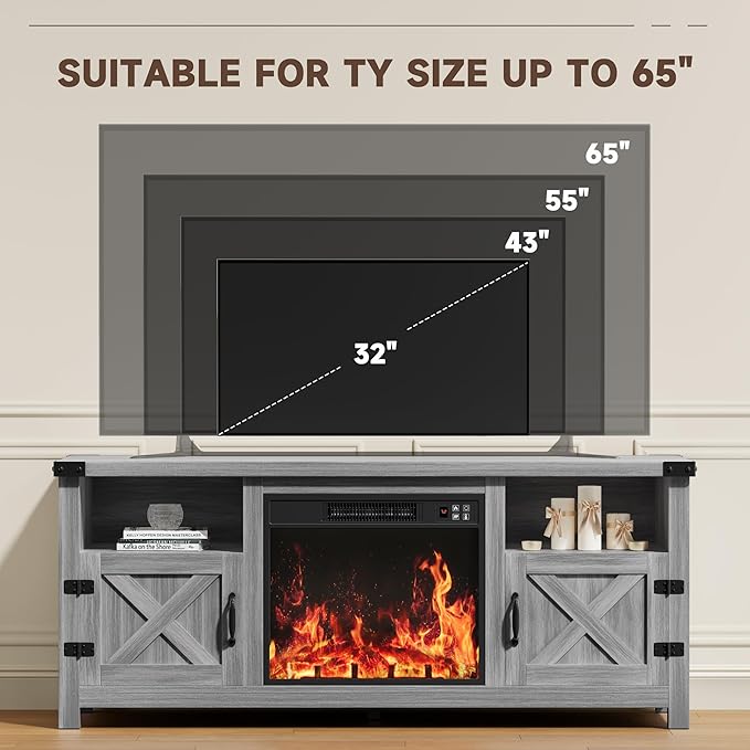 YESHOMY Fireplace TV Stand with Barn Doors and Open Display Shelf, Farmhouse Media Console with Hidden Cable Routing, Entertainment Center for Televisions up to 65+ Inch, Gray
