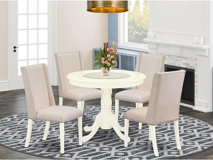 East West Furniture ANFL5-LWH-01 5 Piece Kitchen Table & Chairs Set Includes a Round Dining Room Table with Pedestal and 4 Cream Linen Fabric Parson Dining Chairs, 36x36 Inch, Linen White