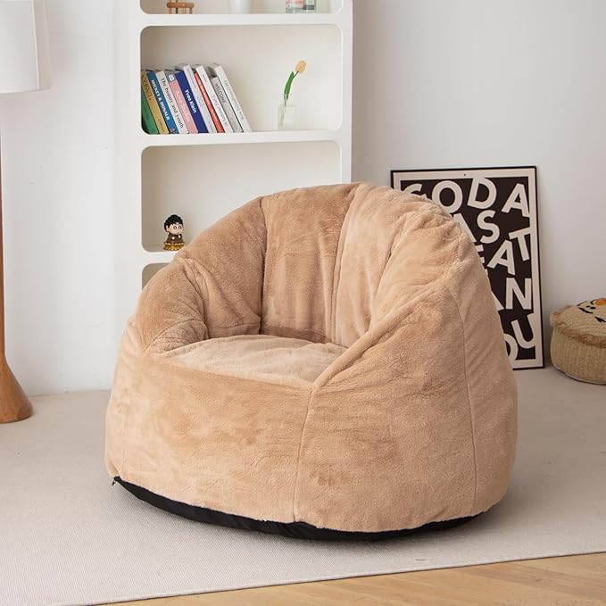 N&V Large Shell Bean Bag Chair, Adult Size Bean Bag Sack, Foam Filling, Includes Removable and Machine Washable Cover, 40in, Soft Faux Fur, Brown