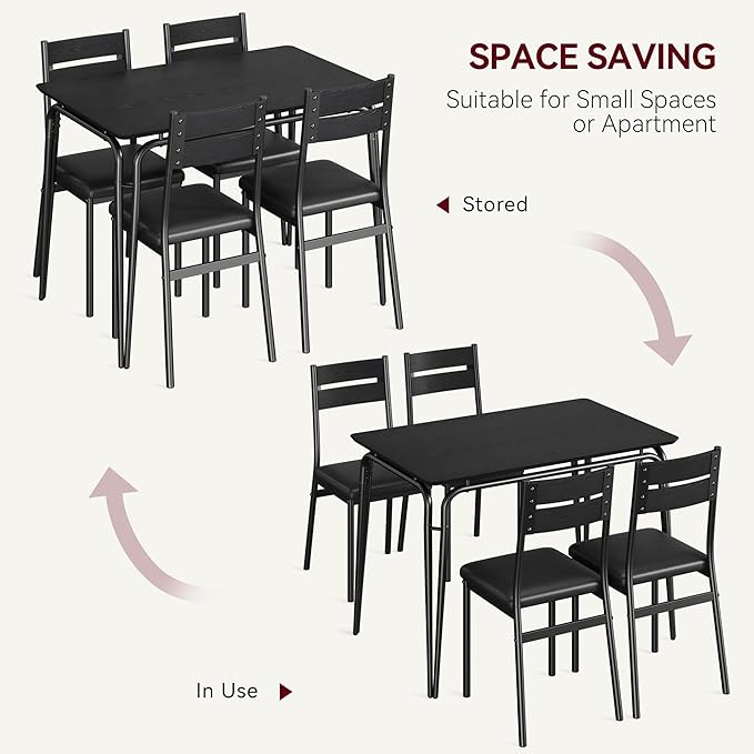 5 Piece Dining Table Set for 4, Compact Square Table Chairs, Sturdy MDF Top, Metal Frame, Space-Saving Breakfast Set for Kitchen, Apartment, Office, Easy Assembly Wipe-Clean