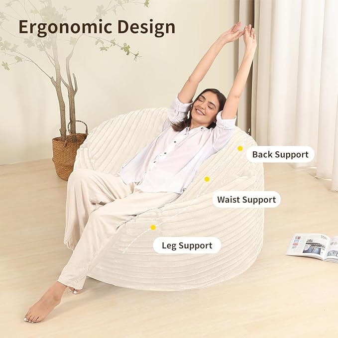 Memory Foam Bean Bag Chair for Adults/Teens, Bean Bag Sofa with Fluffy Removable Cover, for Living Room Bedroom, 3FT White