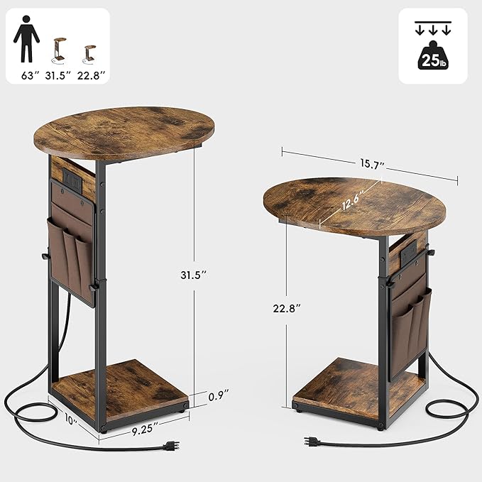 Vagusicc C Shaped End Table with Charging Station, Adjustable Height Side Table for Couch, 32" Tall End Table Small Couch Side Table, Slide Under Sofa TV Tray Snack Arm Tables for Living Room, Brown