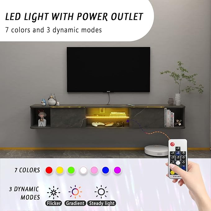 Pmnianhua LED Floating TV Stand with 2 Drawers for 80 inch TV,78'' Floating TV Shelf with LED Lights,Wall Mounted TV Console,Floating Shelf for Under TV (Dark Grey)