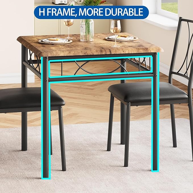IDEALHOUSE Dining Table Set for 2, Square 3 Piece Kitchen Room Sets with 2 Upholstered Chairs, Compact Dining Room Table Set for Apartment, Small Space, Retro Brown