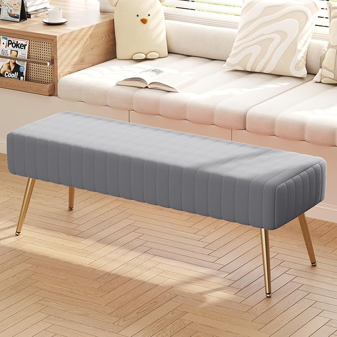 Furniliving 44 Inch Bedroom Benches, Upholstered Tufted Striped Fabric Ottoman Bench with X-Shaped Metal Legs for Living Room, Solid Wood Indoor Bench for Foyer (Grey)