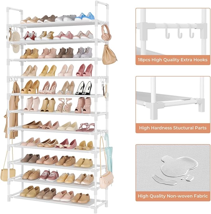 11 Tiers Tall Shoe Rack Holds 55 Pairs of Shoes with 18pcs Hooks Sturdy Wide Shoe Organizer Storage Free Standing Metal Shoe Shelf for Closet, Entryway White