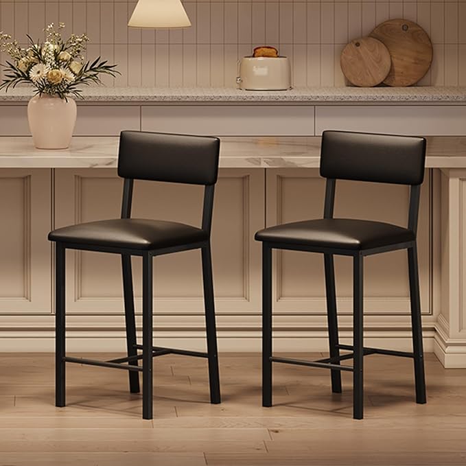 Garvee Bar Stools Set of 2, Kitchen Barstools with Thick Cushion, 25 Inch Counter Height Bar Stools with Backrest and Footrest, for Dining Room, Kitchen Island Counter Chairs, Retro Black