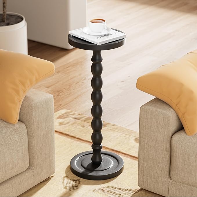 Rubber Wood‌ Small Side Table, Solid Wood‌ Round End Tables for Small Spaces, Martini Tables, Pedestal Drink Table for Living Room, Bedroom, Corners, and Office (Black, 9.4inch)