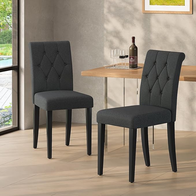 Upholstered Dining Chairs Set of 6, Button Tufted Parsons Dining Chair with Solid Wood Legs, Modern Fabric Side Chair for Dining Room/Kitchen/Restaurant/Hotel- Black