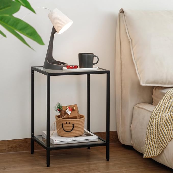 Modern 2-Tier Tempered Glass End Table - Stylish Black Metal Side Table for Small Spaces, Perfect for Living Room & Bedroom (Black, 1PCS)