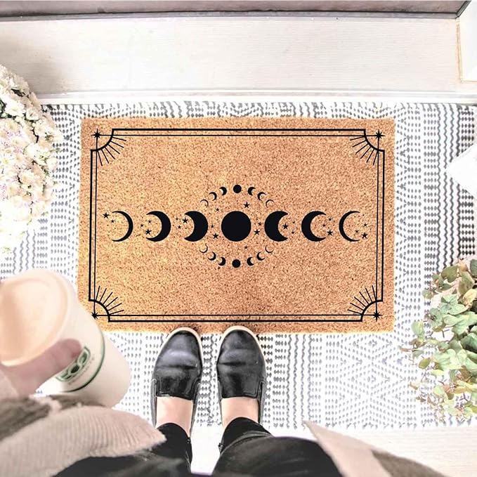 Funny Coir Doormat with Moon Phases - Front Door Mat, Entryway Welcome Mat, 23.7 x 15.7 inch