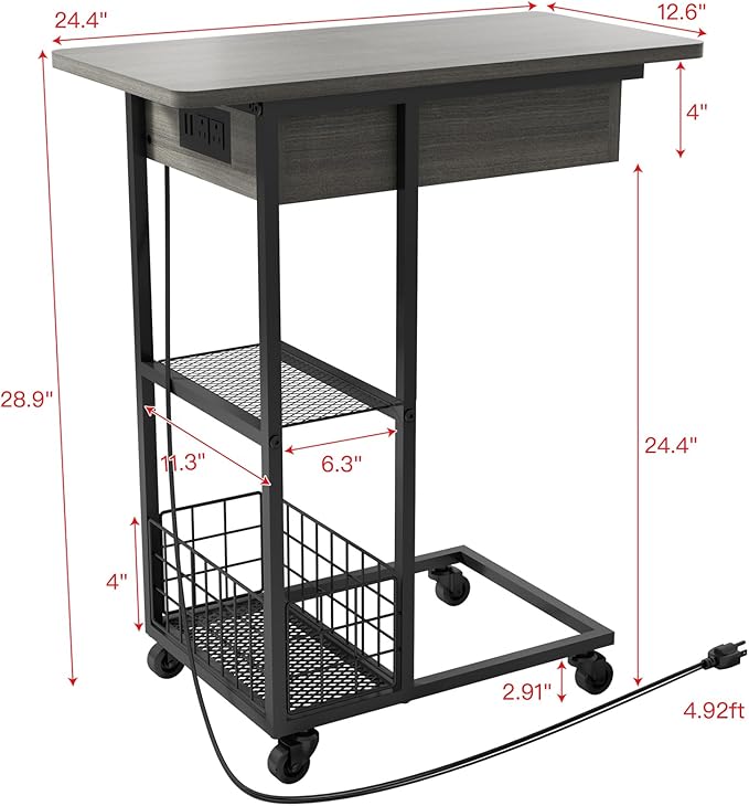 LIDYUK C Shaped End Table with Charging Station, Flip Top Side Table with USB Ports and Outlets, C Table Sofa Table with Storage Shelf for Living Room, Bedroom, Dark Grey