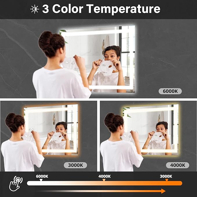 36x36 LED Bathroom Mirror, Backlit + Front Lit, LED Bathroom Mirror with Lights for Wall, 3 Colors, Anti-Fog, Dimmable Brightness, Memory Function, Tempered Glass