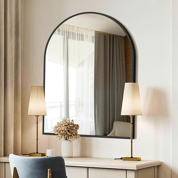 FICTOR Bathroom Vanity Mirror for Wall,40”x30” Large Arched Metal Framed Bathroom Mirror for Over Sink,Entryway, Living Room,Bedroom(Black)