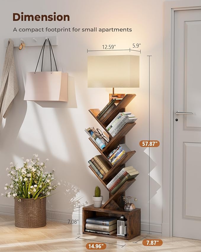 6 Tier Tree Bookshelf with Smart Light, Small Bookcase Tower with Remote Control, Tall Floor Standing Book Organizer for Living Room, Bedroom & Home Office, Rustic Brown