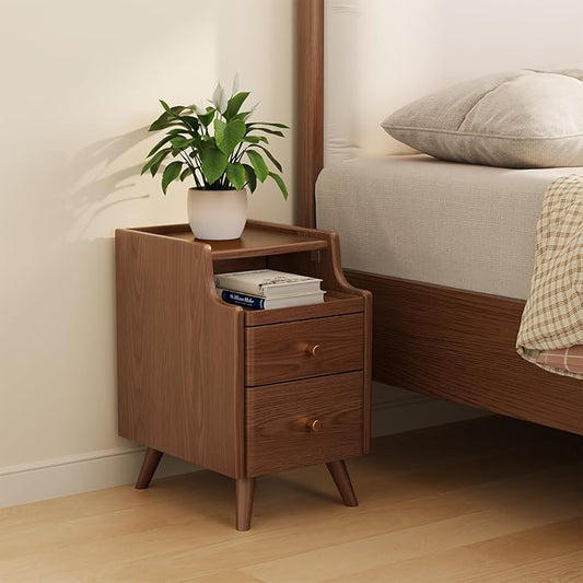 Wood Nightstand, Walnut Nightstand with 2 Drawers, Bedside Table for Bedroom