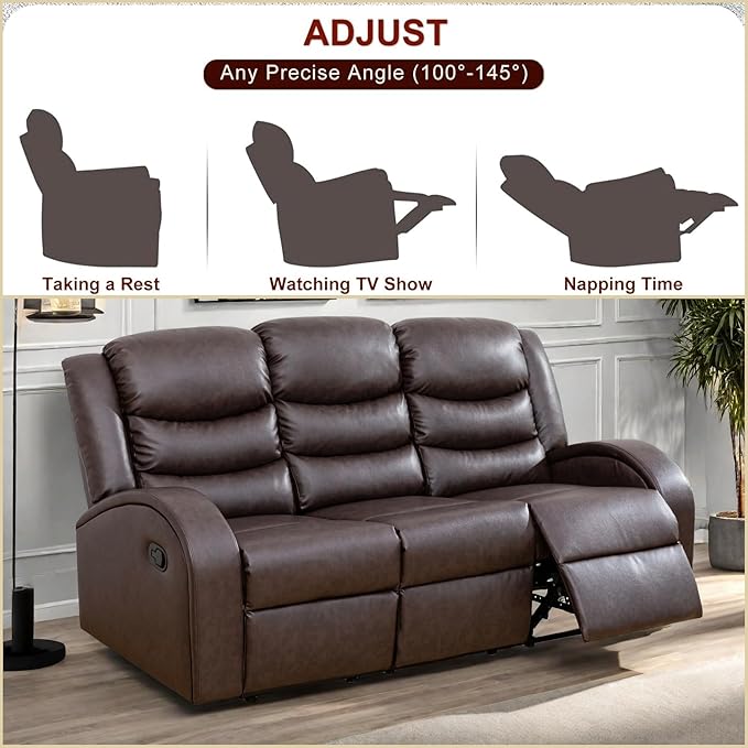 Leather Recliner Sofa Couch, 3-Seater Home Theater Seating Reclining Sofa, Power Reclining Couch with Cup Holders & Drop Down Table for Living Room Furniture Sets, Red