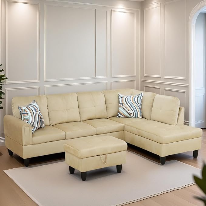 L Shaped Sectional Couches for Living Room, Modern Modular Sectional Sofa with Ottoman Storage, Comfy L Shaped Couch with Chaise for Bedroom Apartment Furniture, Beige