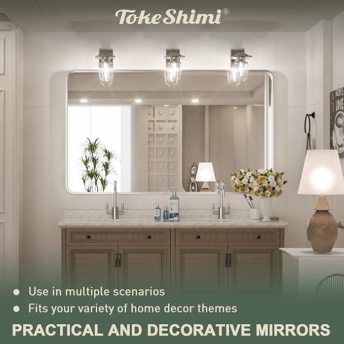 TokeShimi 48 x 30 Inch Brushed Silver Bathroom Mirror for Wall Brushed Brass Metal Rounded Corner Rectangle Mirror Metal Frame Deep Set Design Hangs Horizontal Or Vertical