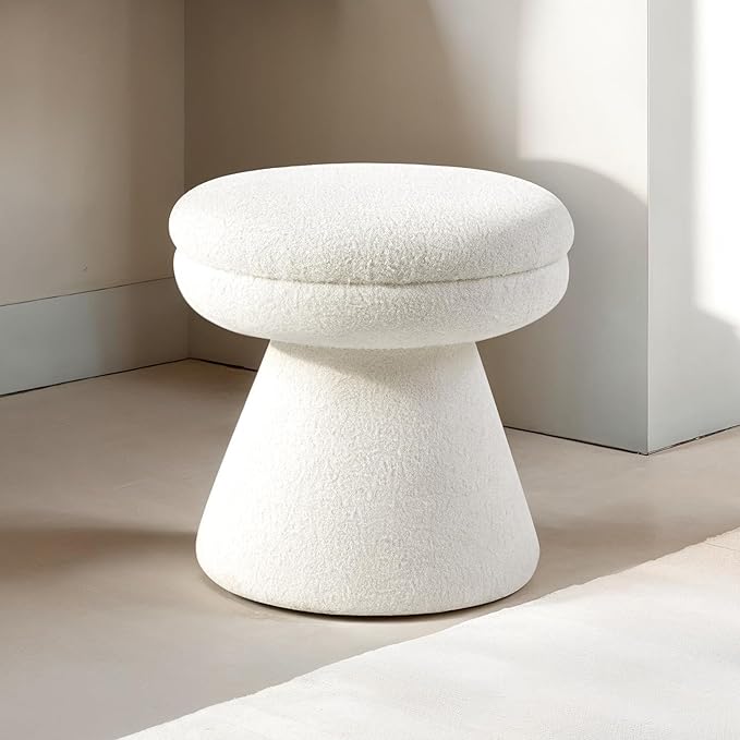 Furniture of America Rami Modern 18-inch Mushroom-Shape Upholstered Ottoman with Tapered Pedestal, Vanity Stool Chair, Small Foot Stool for Bedroom, Living Room, Entryway, Beige