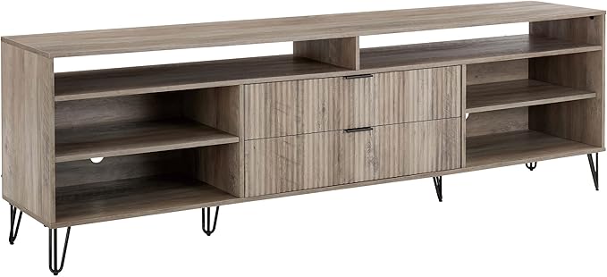 Manhattan Comfort Dumbo Mid Century Modern TV Stand for Televisions up to 80 Inches, Home Entertainment Center with Storage, 6 Shelves, 2 Drawers, No Tool Assembly, 85" Wide, Golden Brown
