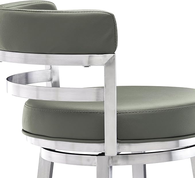 Armen Living Madrid 30" Bar Height Swivel Modern Grey Faux Leather and Brushed Stainless Steel Bar Stool for Kitchen Island Counter