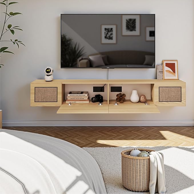 Pmnianhua Boho Floating TV Stand 94", Modern Wall Mounted Media Console with Cotton-Rayon Doors for Under TV Shelf,Entertainment Center,Living Room,Bedroom(Natural)