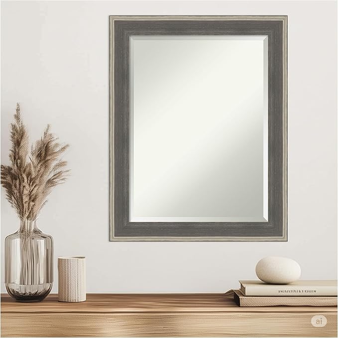 Amanti Art Grey Wall Mirror 29x23 Cottage Grey Silver Rectangle Bathroom Mirror for Wall Decor Living Room, Medium Casual Wood Frame, Hangs Horizonally and Vertically, Bathroom Decor, Beveled Edge