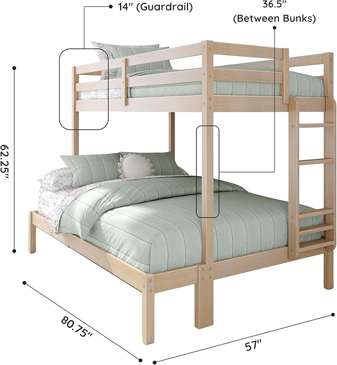 Grain & Grove Bear Twin Over Full Bunk Bed, Sturdy Bunk Bed Frame for Kids, Plywood Bunk with Ladder, Guardrail, and Slats, No Box Spring Required, Oak Embossed Natural