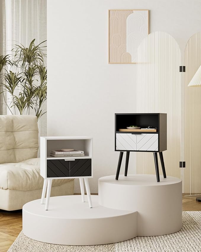 Nightstand,Bedside Table with Gold Frame, Black Night Stand, Modern Bedside Furniture,End Table with Drawer and Shelf for Bedroom,Living Room