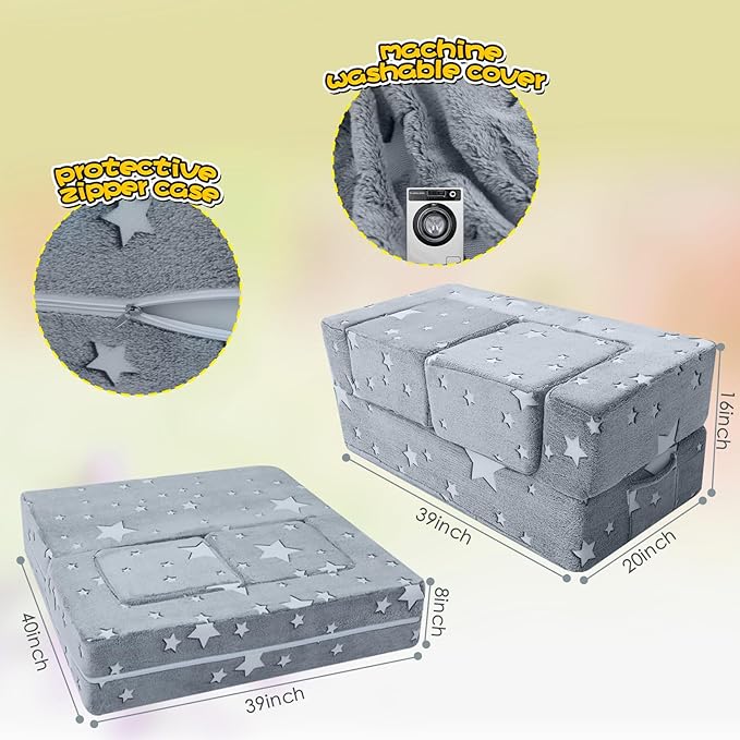 MeMoreCool Modular Kids Play Couch Sofa – Glow in The Dark Star Design, Fold-Out Toddler Couch for Playroom Furniture, Grey