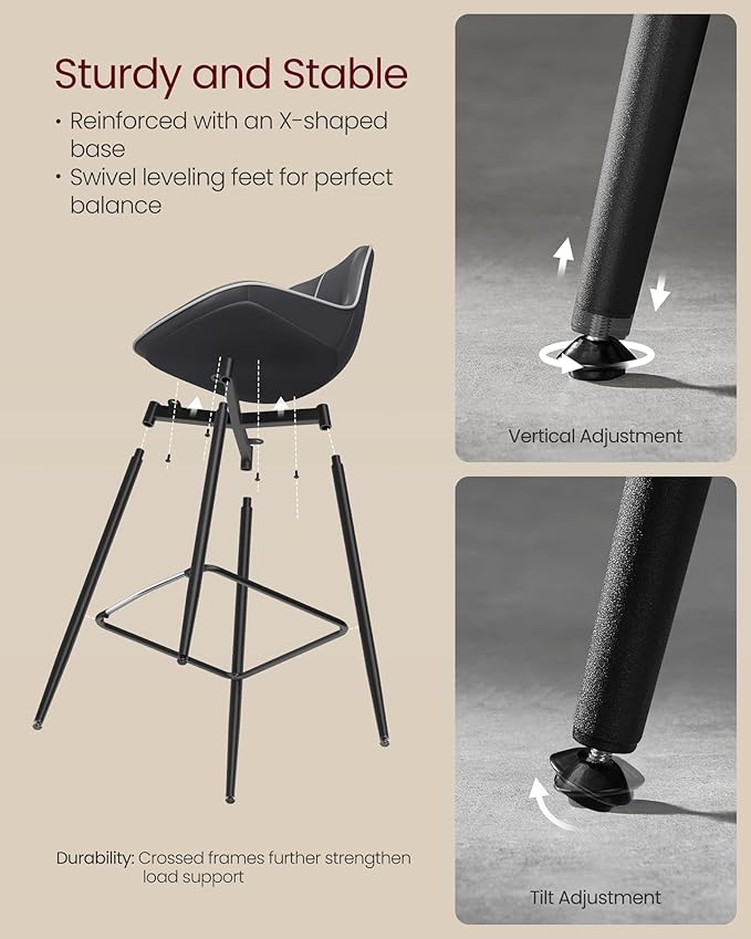VASAGLE Bar Stools Set of 2, Bar Height Bar Stools with Back, Ergonomic Backrest, Synthetic Leather, Metal Legs, 28.7-Inch Tall Barstools for Kitchen Island Home Bar, Easy Assembly, Ink Black