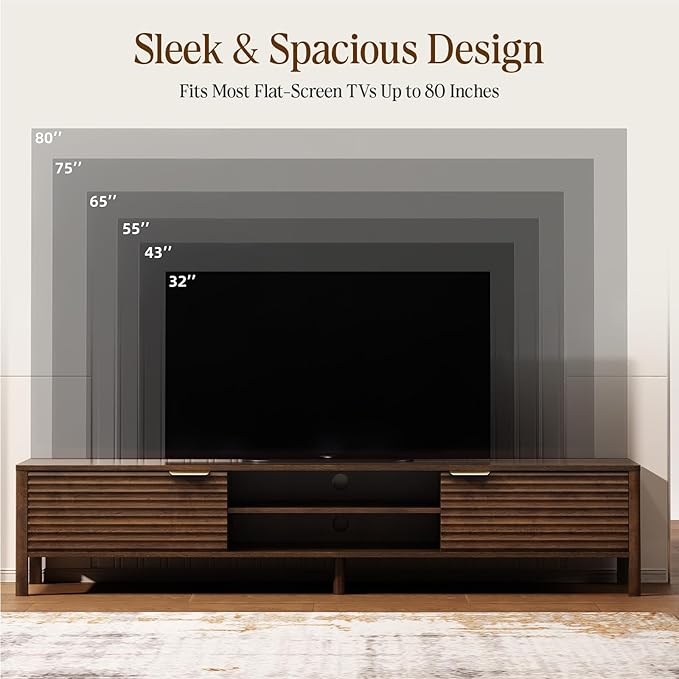 TV Stand for Living Room - up to 80 Inch TVs Mid Century Modern Entertainment Center with Storage and Adjustable Shelves, Media Console Table Walnut 70"
