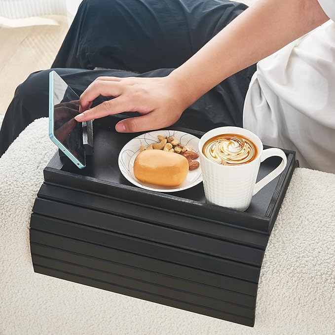 Bamboo Sofa Arm Tray, Anti Falling Couch Arm Tray Armrest Table with 360° Rotating Phone Holder, Foldable and Portable Sofa Armrest Trays Cup Holder for Drink,Cups, Phone, Snacks, Remote
