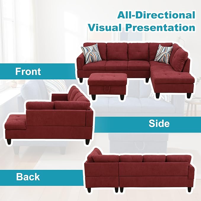 Couches for Living Room Modern L Shaped Couch Comfy Fluffy Fabric 3 Pieces Sectional Sofa with Chaise, Ottoman with Storage for Office and Small Apartment, Red