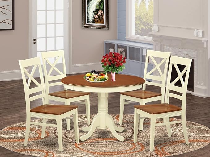 East West Furniture HLQU5-BMK-W 5 Piece Dining Table Set for 4 Includes a Round Kitchen Table with Pedestal and 4 Dinette Chairs, 42x42 Inch, Buttermilk & Cherry