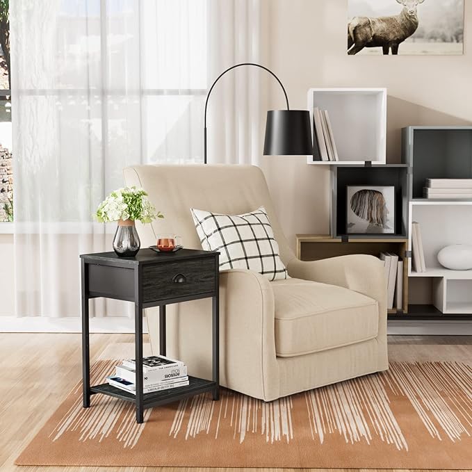 Nightstands Set of 2, Industrial End Table with Fabric Drawer&Storage Shelf, Small Bedside Table Organizer for Small Space for Living Room, Tall 23.6" Night Stand for Bedroom, Black Oak