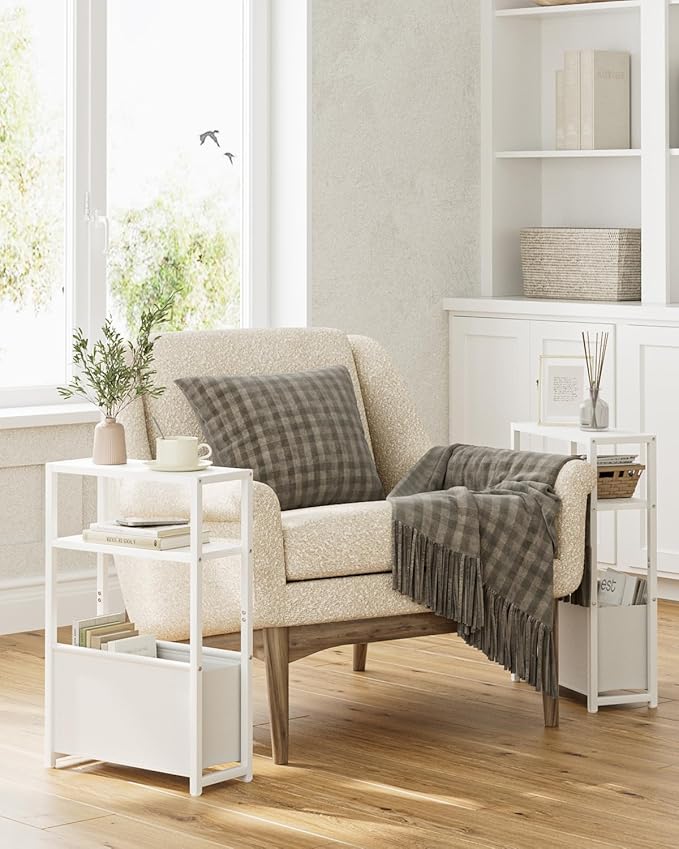 Narrow Side Table, 3-Tier Side Table with Storage Bag, Narrow Nightstand for Small Spaces, Bedside Table for Living Room, Bedroom, White