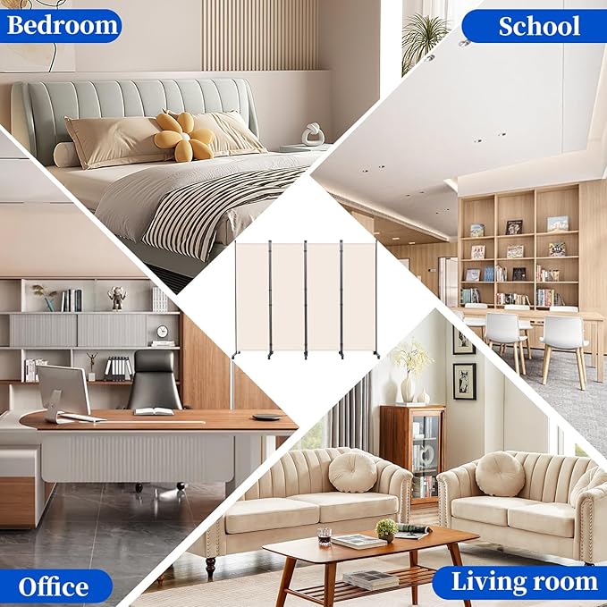 Room Divider 6FT Room Partition with Lockable Wheels, (Thicked Metal Base) Room Dividers, Freestanding Indoor Folding Privacy Screens, Portable Fabric Wall Divider for Separation, Beige