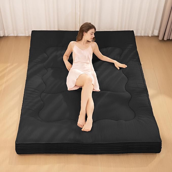 Japanese Floor Mattress, 4" Thicken Futon Mattress Twin Size Sleeping Pad, Corduroy Foldable Floor Pad, Roll Up Tatami Mat for Adults Guest Room Bedroom, Black
