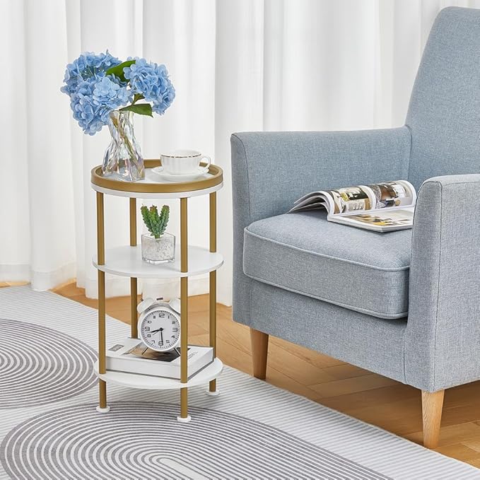 Small Round End Table with Charging Station, 3-Tier Accent Couch Beside Table with USB Ports & Power Outlets, Sofa Side Table for Living Room Small Nightstand Bedroom (Classic, White+Gold)