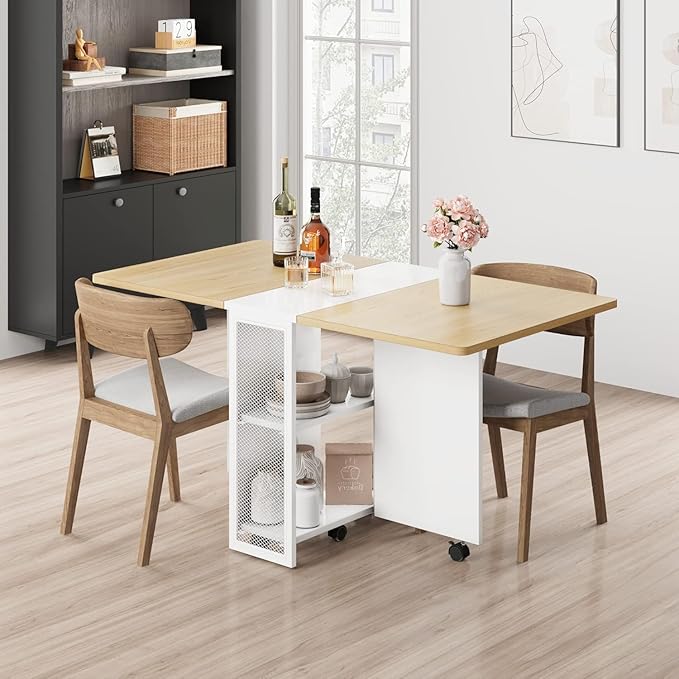 GarveeHome Folding Dining Table, Space Saving Farmhouse Dining Table for 4 Storage Shelf, 6 Wheels Multipose Expandable Kitchen Drop Leaf Table for Small Space (Pear Wood, 50.1"D x 31.4"W x 29.5"H)