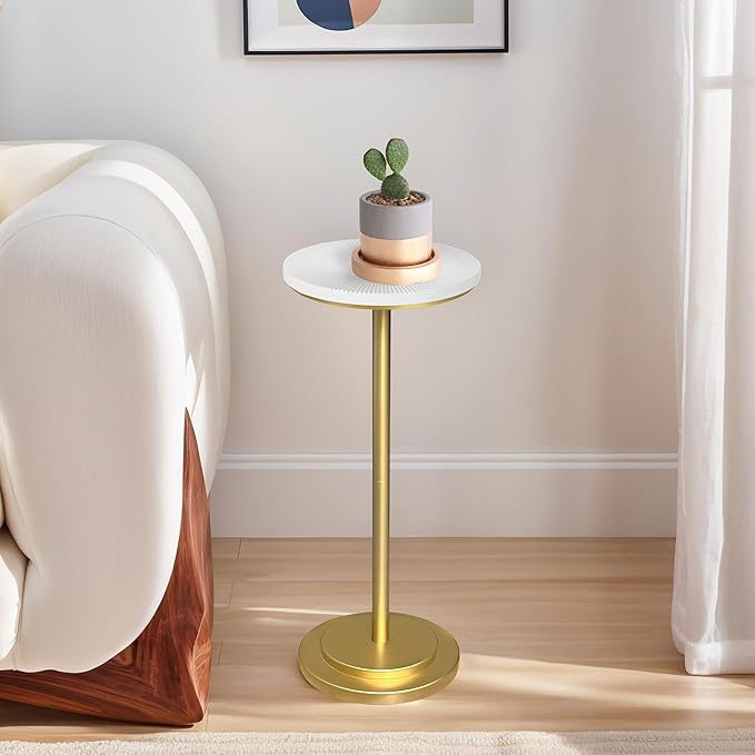 Drink Table Set of 2, Small Round Pedestal Side Table with Carved Top for Living Room, Bedroom, Small Space, Corners and Office, White and Gold