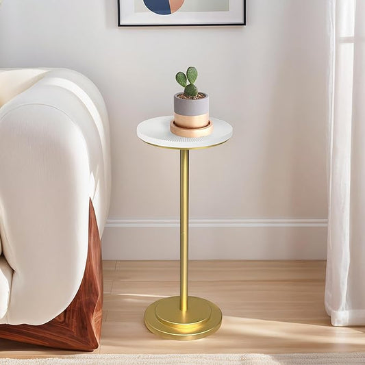 Drink Table Set of 2, Small Round Pedestal Side Table with Carved Top for Living Room, Bedroom, Small Space, Corners and Office, White and Gold