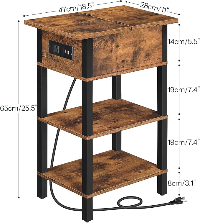 HOOBRO End Table with Charging Station, Flip Top Side Table with USB Ports, Narrow Nightstand Bedside Tables with Storage Shelves, for Small Space, Living Room, Rustic Brown and Black BF141UBZ01