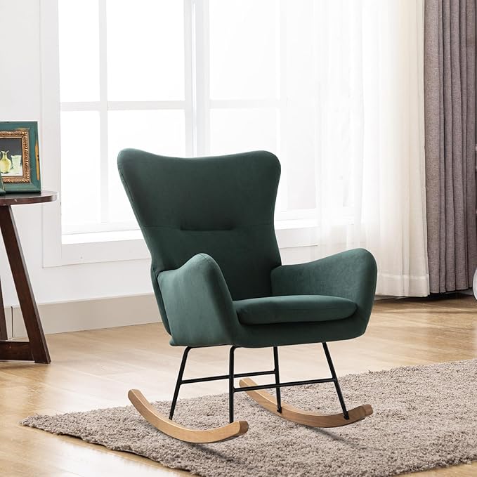 Phoenix Home Rocking Chair Nursery Velvet Upholstered Glider Rocker Rocking Accent Chair Padded Seat with High Backrest Armchair Comfy Side Chair for Living Room Bedroom Offices, Green