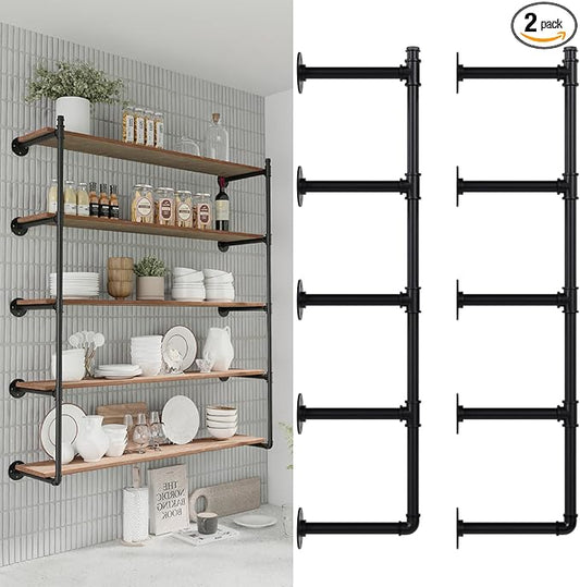 Industrial Pipe Shelf Brackets Wall Mount,Open Black Pipe Shelving for Kitchen,Floating Shelf Brackets Mount,Open Bookshelf Brackets for Shelves,Wall Shelves 12 Inch Deep(2PcsX5Tier,61" Tall)
