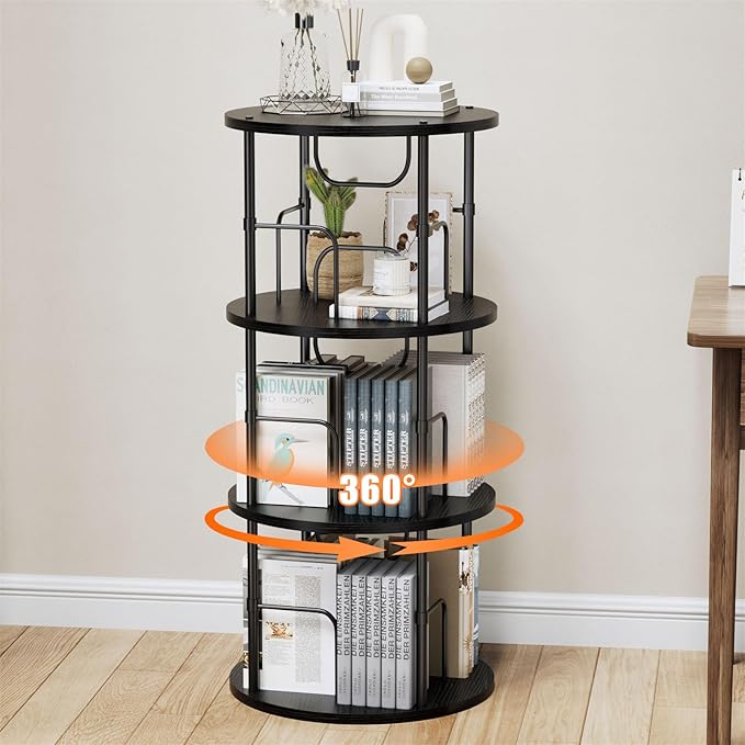 Rotating Bookshelf, 3 Tier Round Revolving Bookcase with Special Visible Partition Storage, 360° Display Spinning Small Bookshelf Tower Book Shelf Organizer for Bedroom, Small Space, Black
