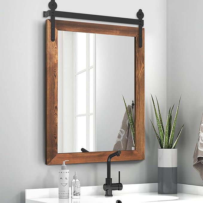 YOSHOOT Farmhouse Barn Door Mirror, 32"x24" Rustic Wood Framed Wall Mirror, Wall Mounted Vintage Mirror, Wooden Farmhouse Style for Bathroom Living Room Entryway, Brown, Vertical Hanging ONLY