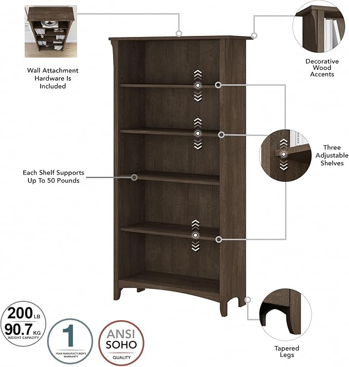 Bush Furniture Salinas 5 Shelf Bookcase in Ash Brown, Tall Bookshelf, Large Book Shelf for Living Room, Home Office, or Entryway